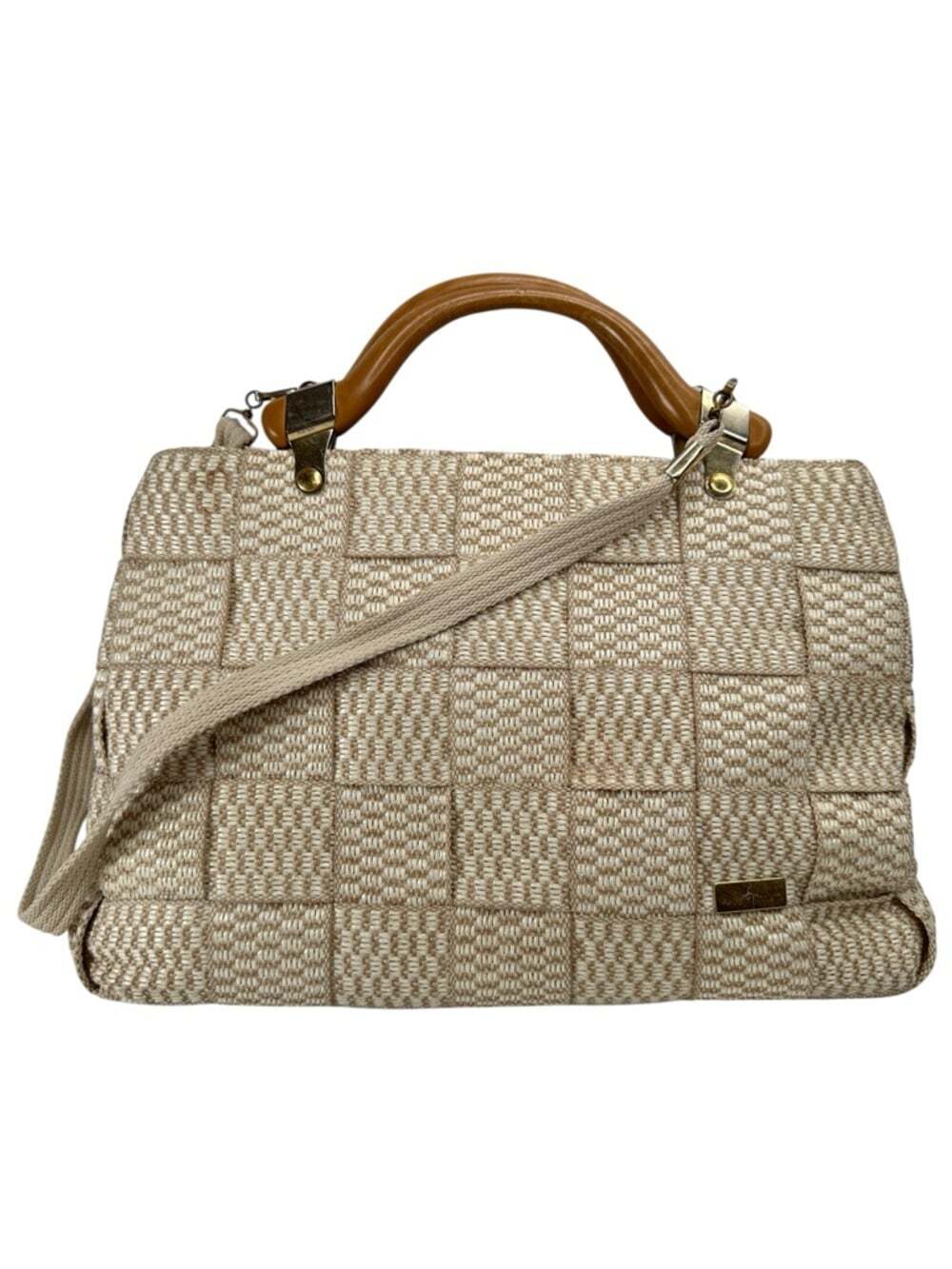 Alma Tunutti Woven Satchel Beige Top Handle Crossbody Wooden Handle Bag